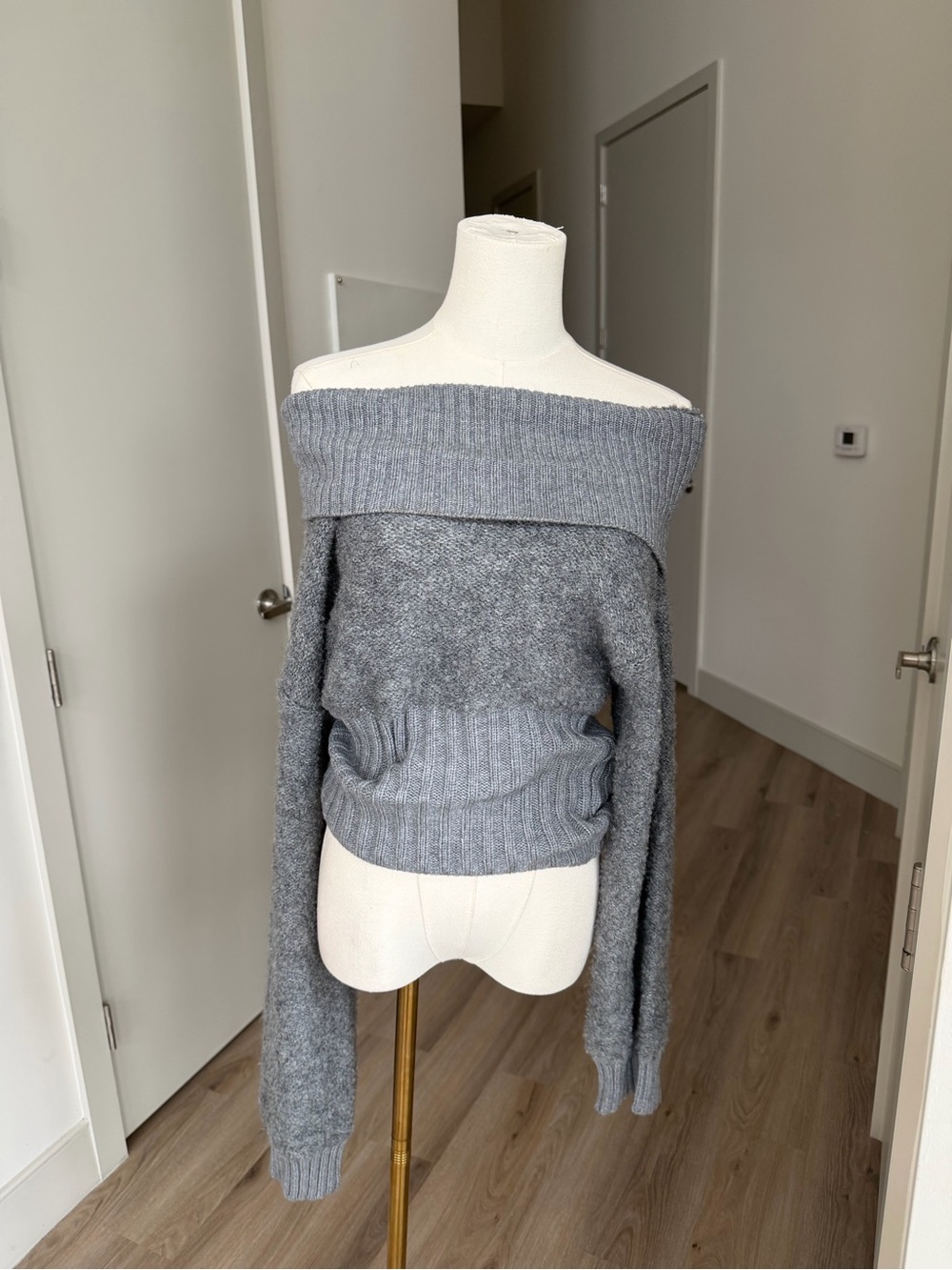 PrettyLittleThing Gray Off-Shoulder Knit Sweater